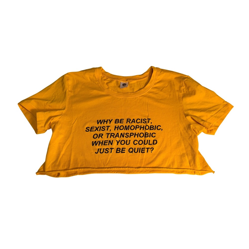 Why be racist‎ Crop Top Graphic Tee Yellow Medium Short Sleeve
